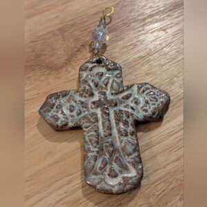 Painted Pottery Cross Signed Dirt Roads Brown w/Clear Beads and Hook
